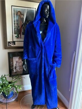 Vintage Electric Blue Hooded Faux Fur Maxi Coat